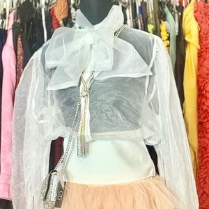 AKIRA White Sheer Organza Bow-Tie Cropped Blouse